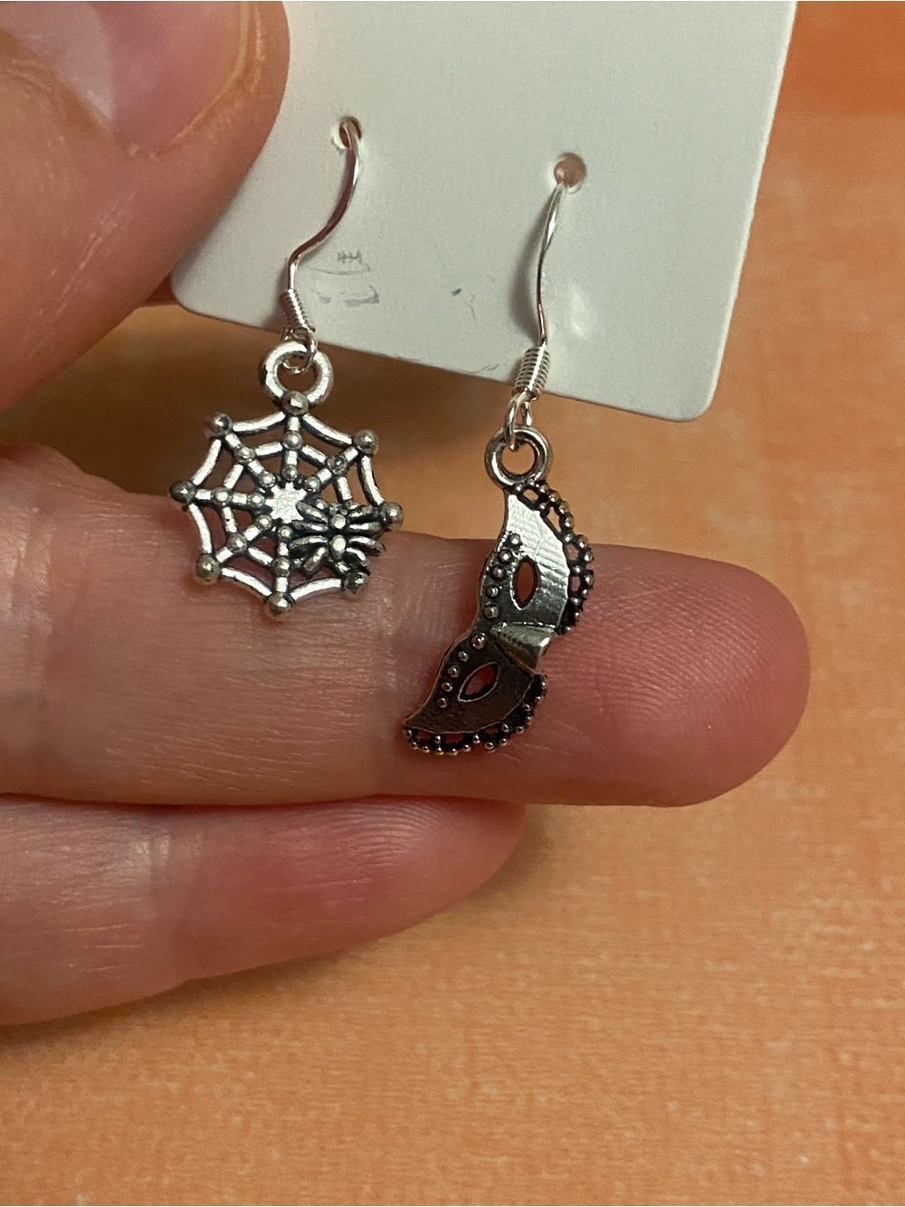 Masquerade Mask & Spiderweb Dangle Earrings - Silver Tone